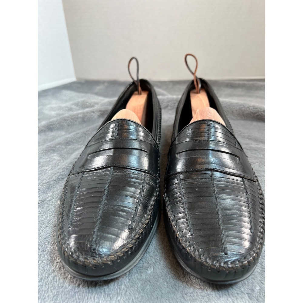 G. H. Bass & Co Penny Loafers Mens 11.5M Black Woven Leather Vtg Made in Brazil - Picture 2 of 11